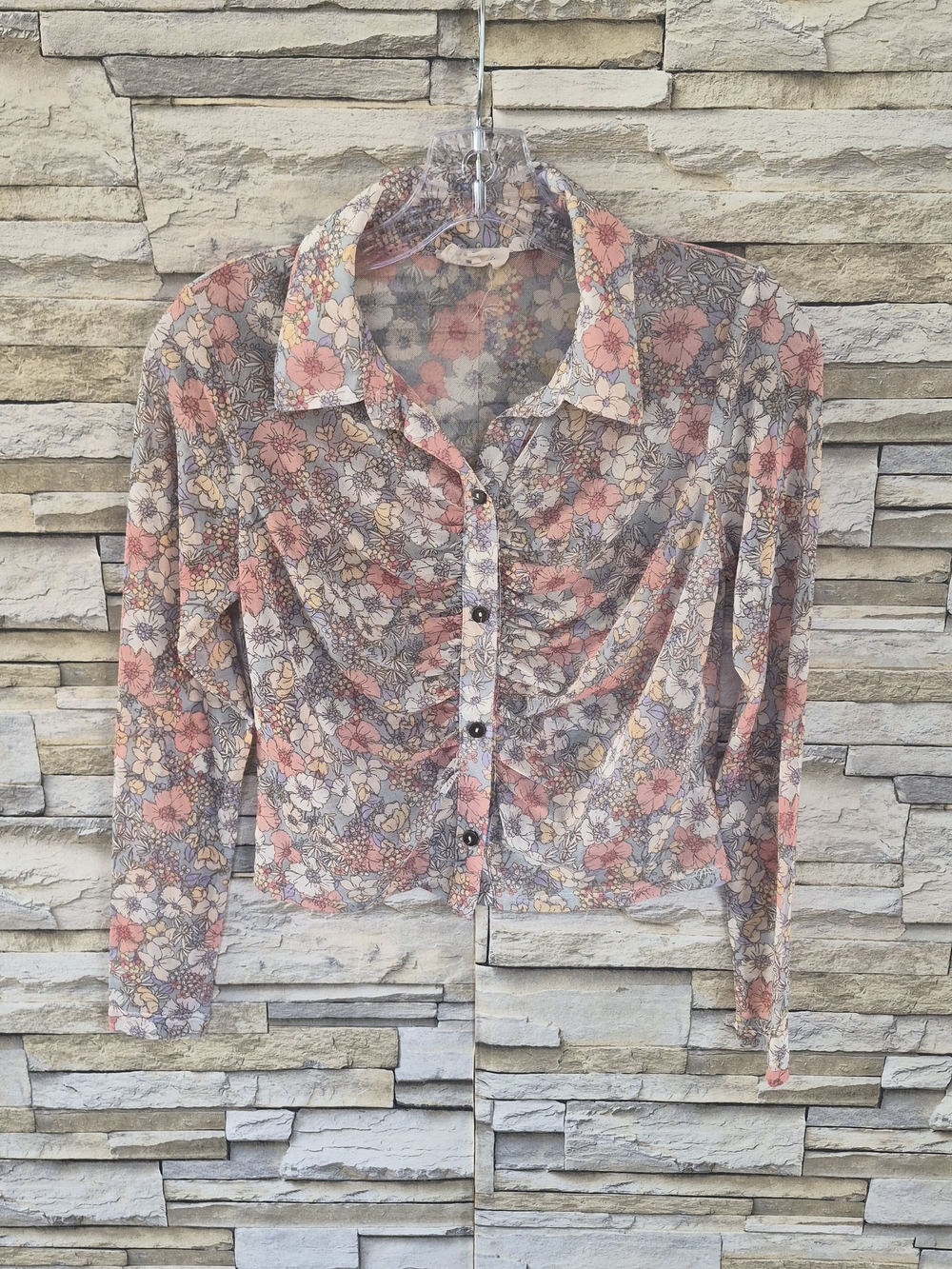 Meraki Mesh Ruched Top Women's M Floral Print Sheer Long Sleeve Casual Y2K Boho